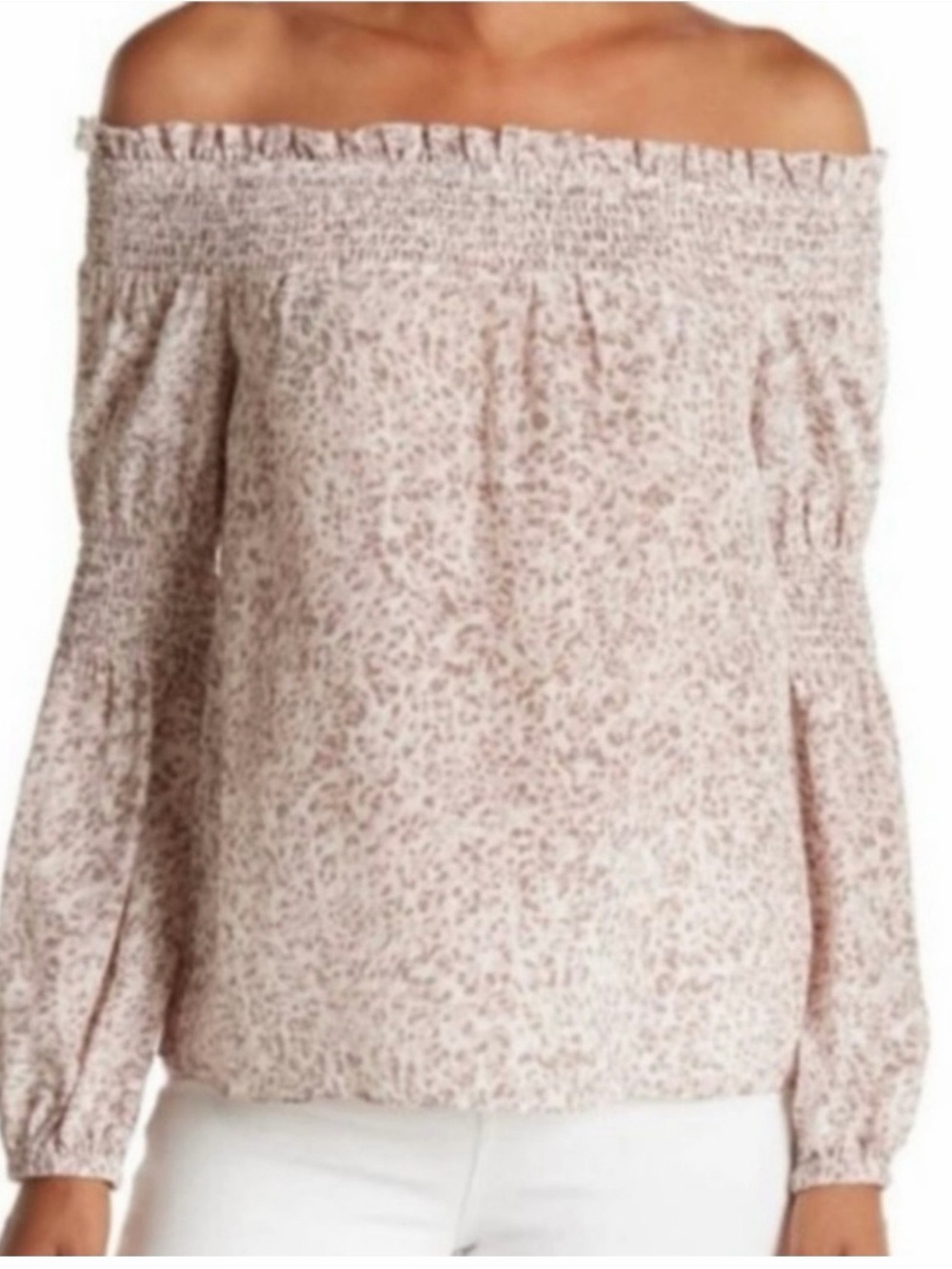 NWT! L’AGENCE Mona Smocked Silk Crepe Off-Shoulder Leopard Blouse XS